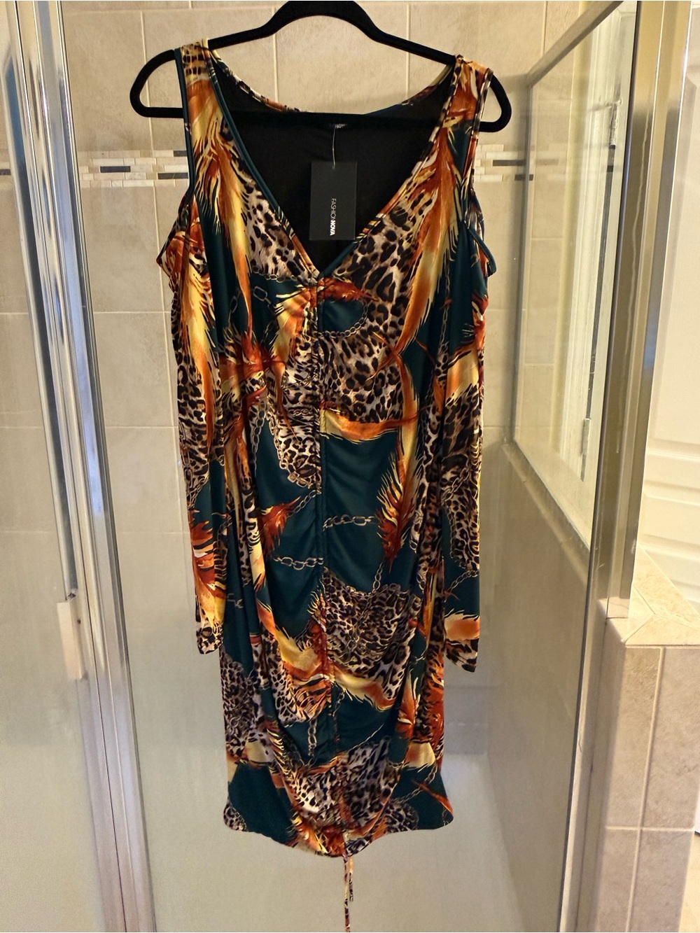 Fashion Nova Teal and Gold Animal-Print Long Sleeve Dress